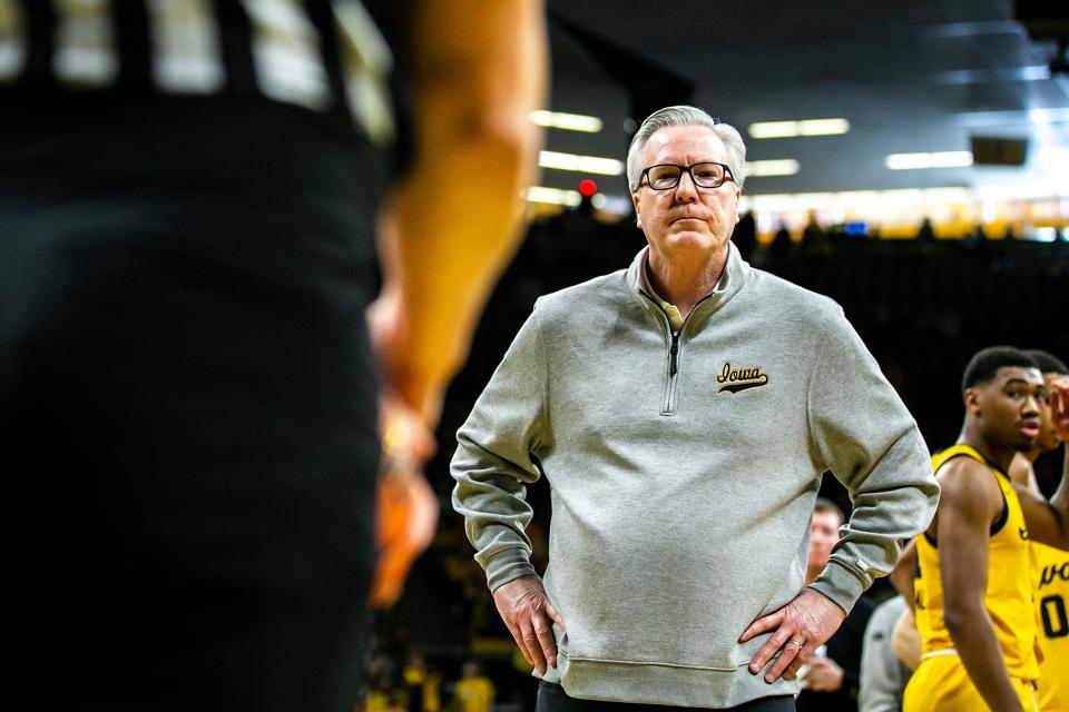 Iowa head coach Fran McCaffery stares at an official in a timeout during a NCAA Big Ten Conference men's basketball game against Michigan State, Saturday, Feb. 25, 2023, at Carver-Hawkeye Arena in Iowa City, Iowa.