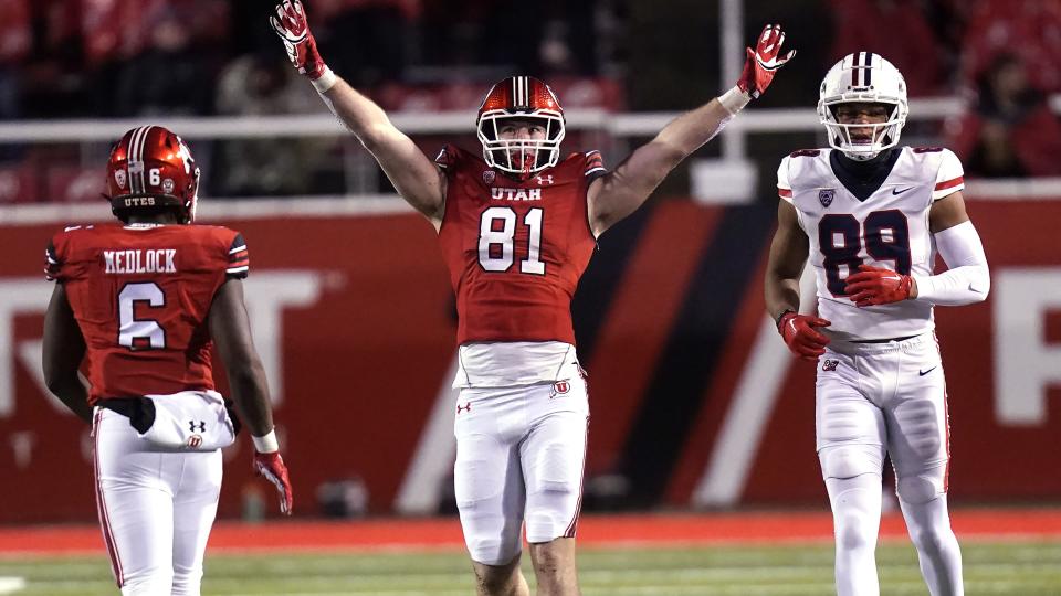 Utah defensive end Connor O’Toole celebrates after breaking up a pass to Arizona wide receiver Dorian Singer (5) during game Saturday, Nov. 5, 2022, in Salt Lake City. After missing the first five games of the season due to injury, O’Toole returned to the Utes lineup against the Cal Bears last Saturday and registered a sack. | Rick Bowmer, Associated Press