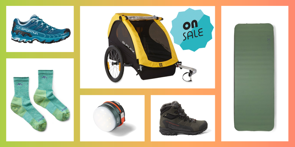 rei labor day sales on items like sneakers, socks, lights, bike double trailers, sleeping pads, and hiking boots