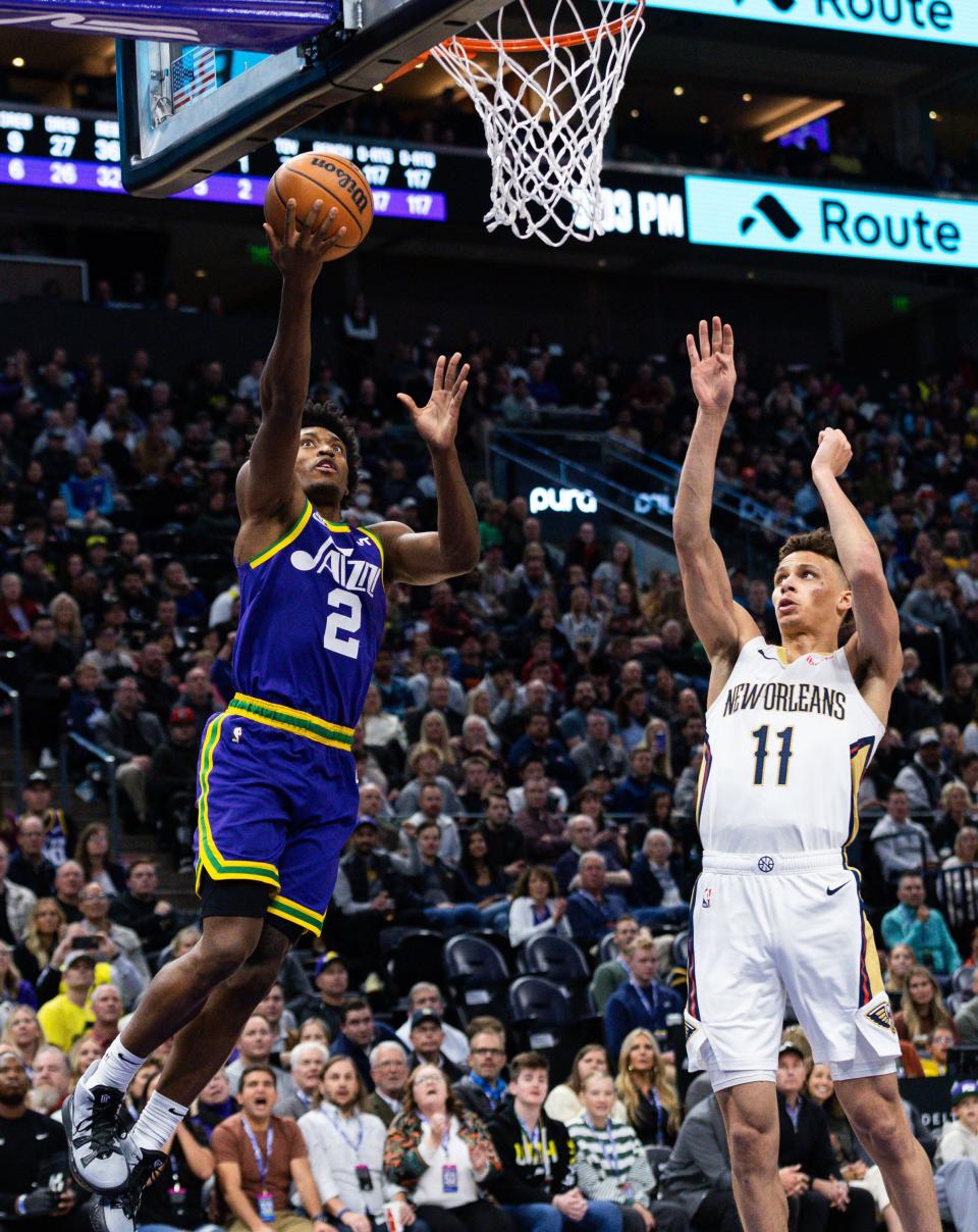 Utah Jazz guard Collin Sexton (2) goes up for the shot with New Orleans Pelicans guard Dyson Daniels (11) on defense during an NBA basketball game between the Utah Jazz and the New Orleans Pelicans at the Delta Center in Salt Lake City on Monday, Nov. 27, 2023. | Megan Nielsen, Deseret News