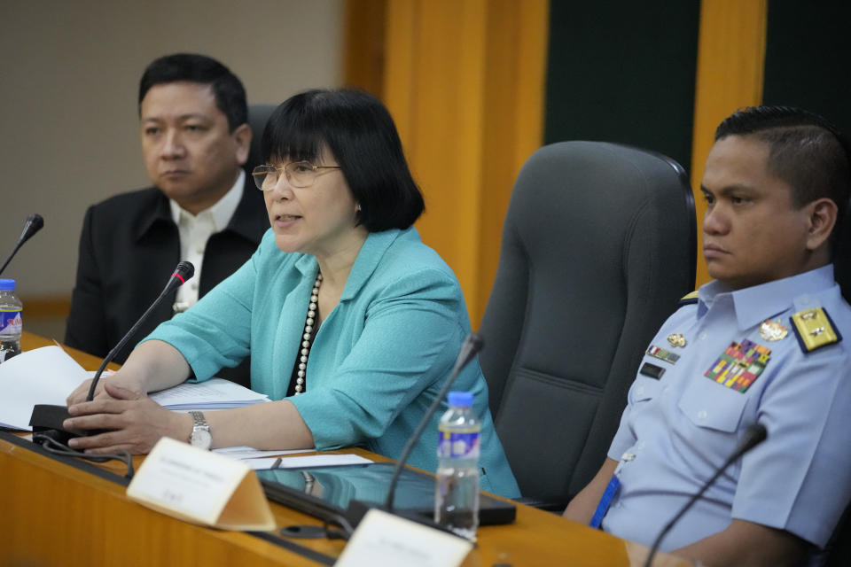 Philippine Foreign Affairs spokesperson, Ambassador Teresita Daza, second from left, answers questions about an incident involving Chinese ships and Philippine military-run ships and coast guard during a press conference In Quezon City, Philippines on Monday, Oct. 23, 2023. A Chinese coast guard ship and an accompanying vessel rammed a Philippine coast guard ship and a military-run supply boat Sunday off a contested shoal, Philippine officials said, in an encounter that heightened fears of an armed conflict in the disputed South China Sea. (AP Photo/Aaron Favila)