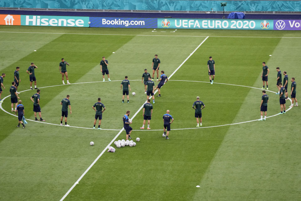 Italy players attend a training session ahead of Friday's Euro 2020, group A soccer match against Turkey, at the Rome Olympic stadium, Thursday, June 10, 2021. (AP Photo/Andrew Medichini, Pool)