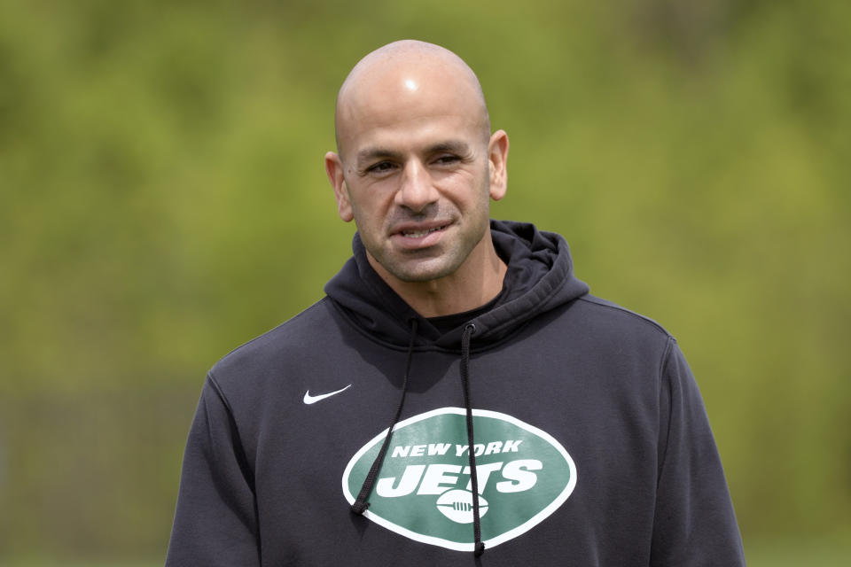 New York Jets coach Robert Saleh looks on during NFL football rookie camp, Friday, May 7, 2021, in Florham Park, N.J.(AP Photo/Bill Kostroun)