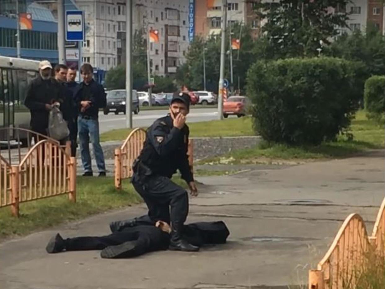 Footage from Surgut that purports to show the aftermath of the knife attack: Вася Аллибабаевич/YouTube