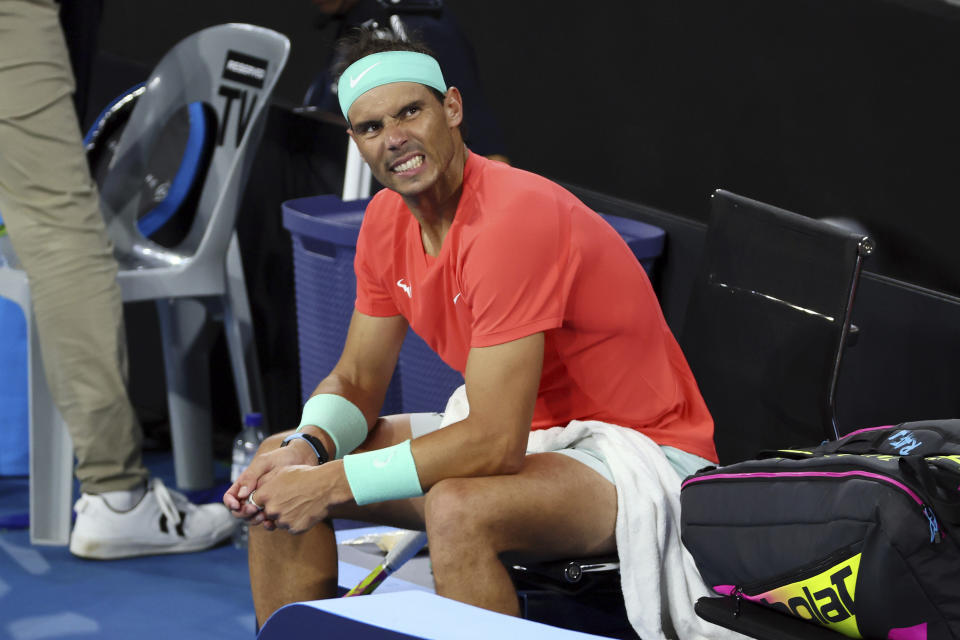 FILE - Rafael Nadal of Spain reflects between games in his quarter-final match against Jordan Thompson of Australia during the Brisbane International tennis tournament in Brisbane, Australia, Friday, Jan. 5, 2024. Nadal withdrew from the Australian Open with an injury a week before the season's first major was due to start after playing just one tournament in his comeback from 12 months on the sidelines. (AP Photo/Tertius Pickard, File)