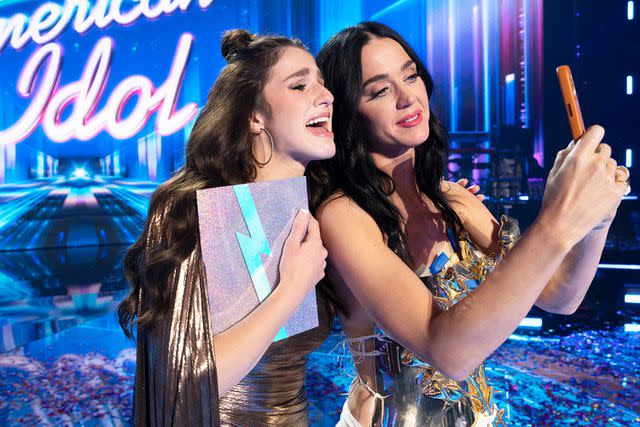 <p>Disney/Eric McCandless</p> Abi Carter and Katy Perry on American Idol on May 19, 2024