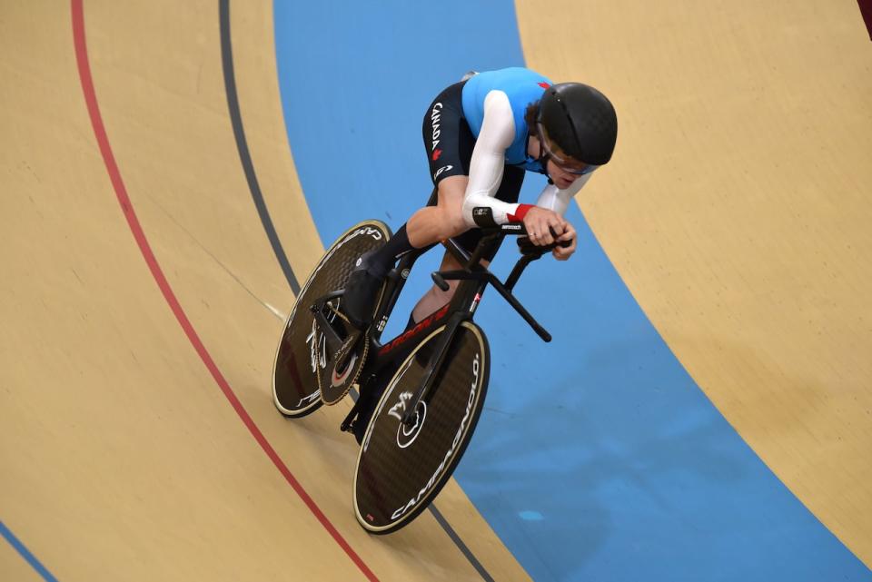 Canada's Alexandre Hayward, pictured at the 2023 Parapan Am Games, finished just behind two-time Paralympic gold medallist Jaco van Gass of Great Britain in the men's C3 scratch race at the Para track cycling world championships on Sunday in Rio de Janeiro. (Claudio Santana/Getty Images - image credit)