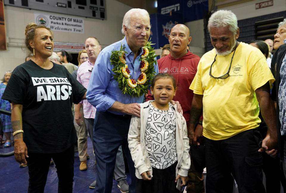 U.S. President Joe Biden attends a community event at the Lahaina Civic Center, in the fire-ravaged town of Lahaina on the island of Maui in Hawaii, U.S., August 21, 2023. / Credit: KEVIN LAMARQUE / REUTERS