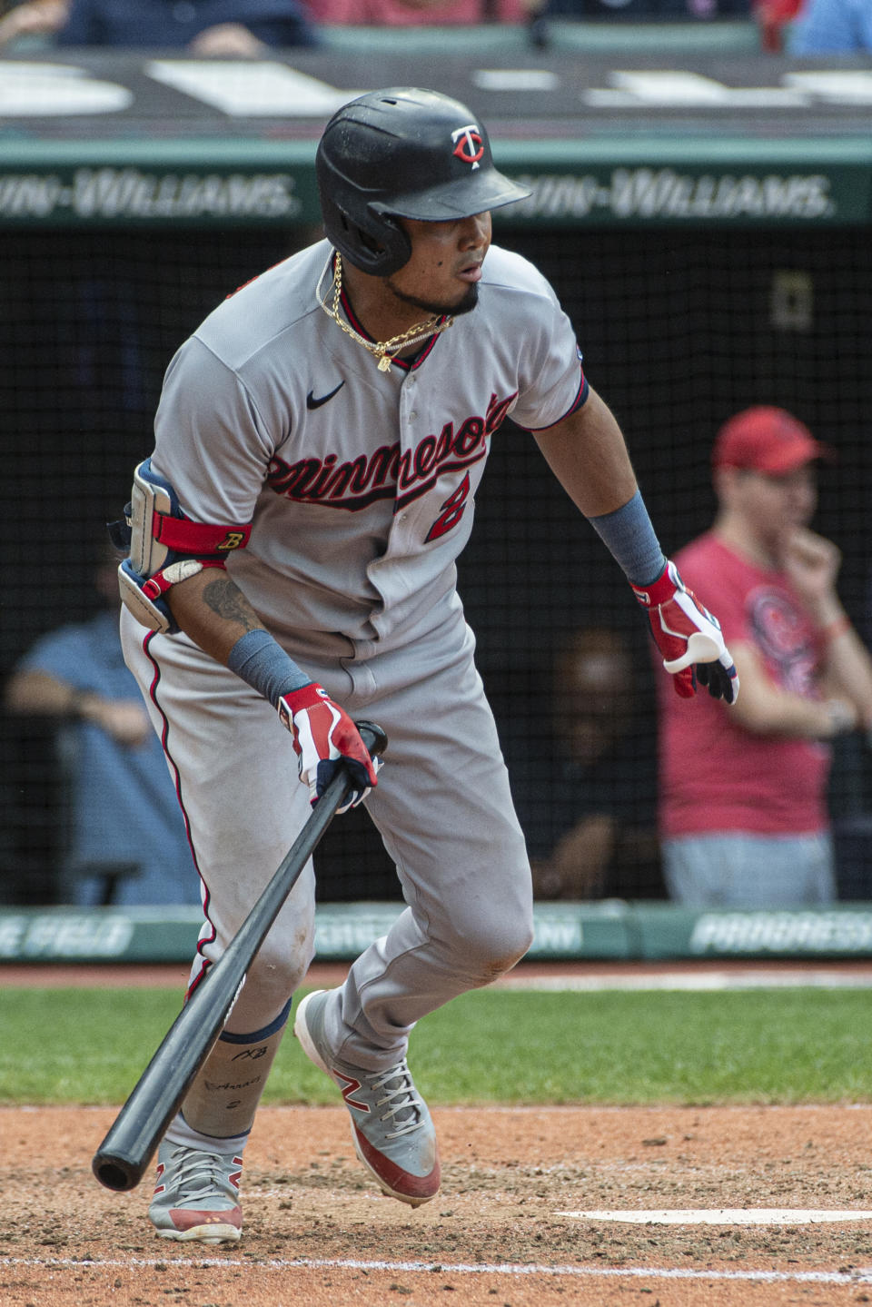 Minnesota Twins' Luis Arraez watches his two-run RBI single off Cleveland Guardians relief pitcher Enyel De Los Santos during the ninth inning of a baseball game in Cleveland, Sunday, Sept. 18, 2022. (AP Photo/Phil Long)