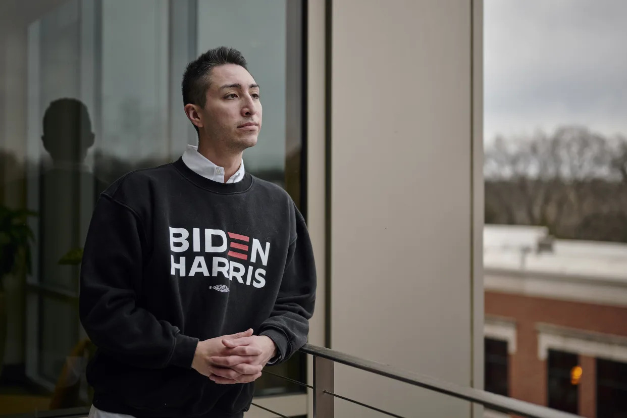 Dakota Galban, the chair of the Davidson Democratic Party, before the start of a party meeting in Nashville, Tenn., on Feb. 27, 2024. (William DeShazer/The New York Times)