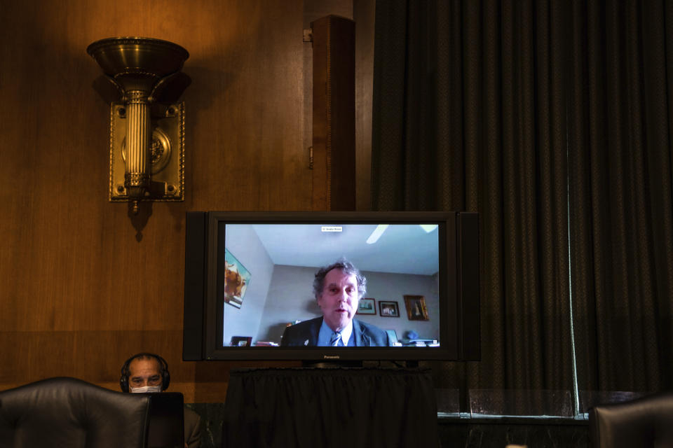 Sen. Sherrod Brown, D-Ohio, speaks during a video connection before a Senate Banking, Housing, and Urban Affairs Committee nomination hearing for Brian Miller to be Department of the Treasury Special Inspector General for Pandemic Recovery and Dana Wade to be Assistant Secretary of Housing and Urban Development on Capitol Hill in Washington, Tuesday, May 5, 2020. (Salwan Georges/The Washington Post via AP, Pool)