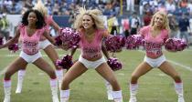 <p>Tennessee Titans cheerleaders perform in pink uniforms for breast cancer awareness in the first half of an NFL football game between the Titans and the Cleveland Browns Sunday, Oct. 16, 2016, in Nashville, Tenn. (AP Photo/Mark Zaleski) </p>