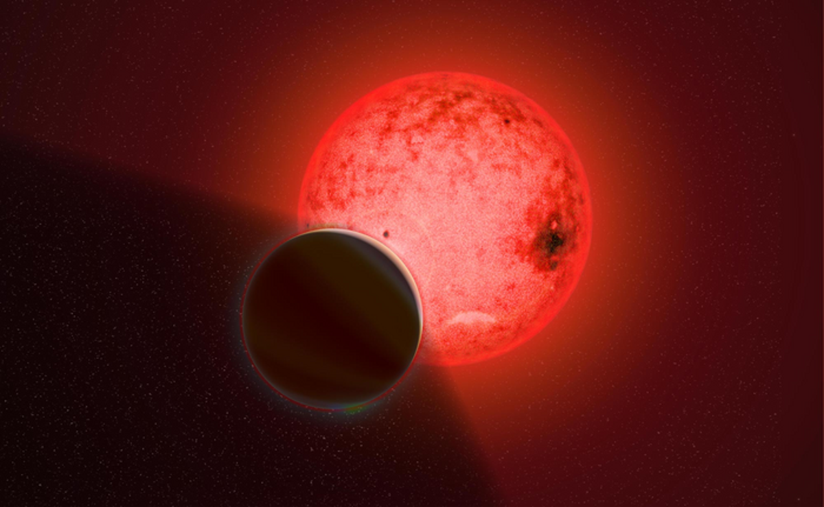 Artist's conception of a large gas giant planet orbiting a small red dwarf star called TOI-5205 (Image by Katherine Cain, courtesy of the Carnegie Institution for Science)