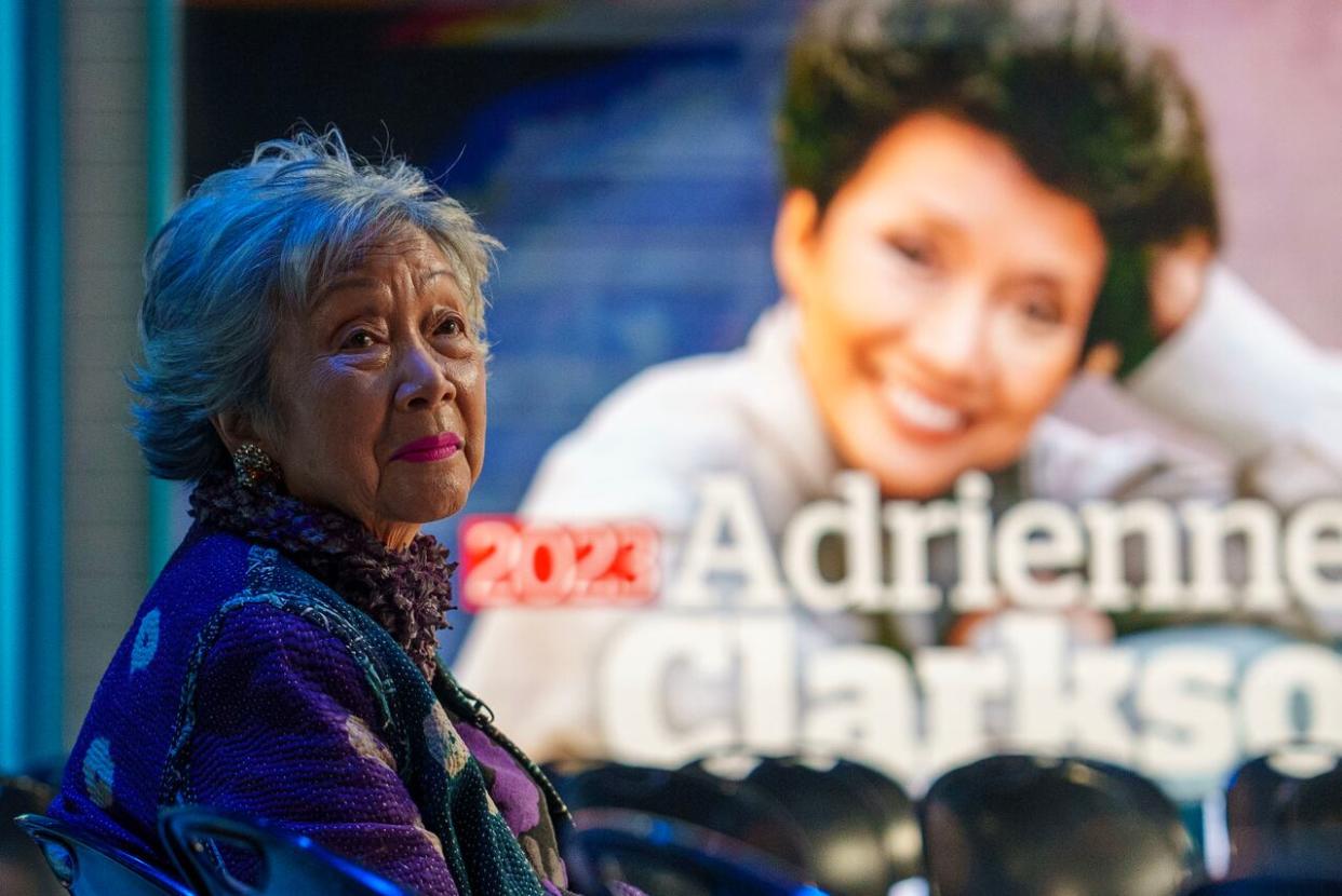 Adrienne Clarkson is shown during her CBC Hall of Fame induction ceremony at CBC headquarters in Toronto on Wednesday. The longtime journalist, who went on to serve as governor general, is the 10th person to be inducted since the honour was established in 2015. (Alex Lupul/CBC - image credit)