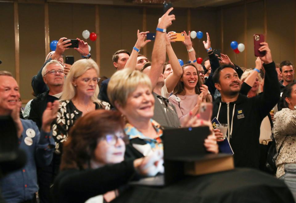 Will Rollins supporters react to the election night results during his party at Hotel Zoso in Palm Springs on Tuesday.