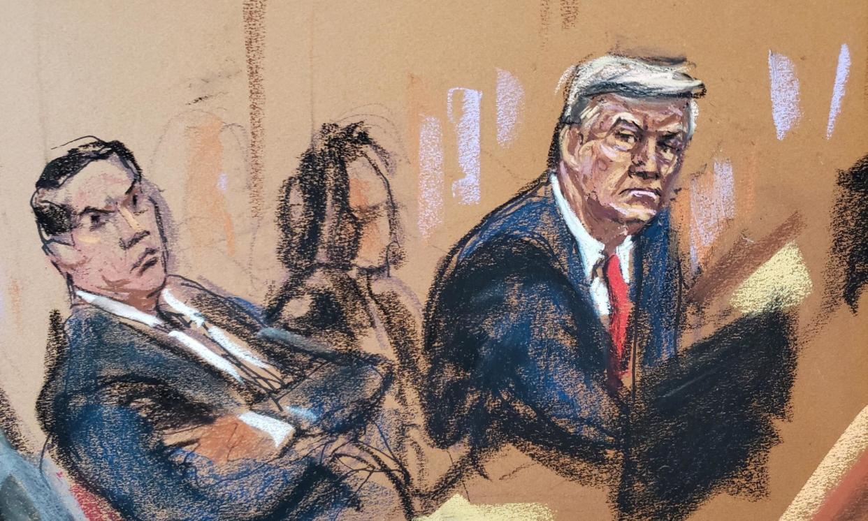 <span>Donald Trump listens as prosecutor during an earlier court hearing on charges in the hush-money case at a court in New York in February.</span><span>Photograph: Jane Rosenberg/Reuters</span>
