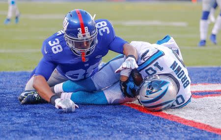 Dec 20, 2015; East Rutherford, NJ, USA; Carolina Panthers wide receiver Corey Brown (10) catches touchdown pass against New York Giants cornerback Trumaine McBride (38) during the third quarter at MetLife Stadium. Mandatory Credit: Jim O'Connor-USA TODAY Sports