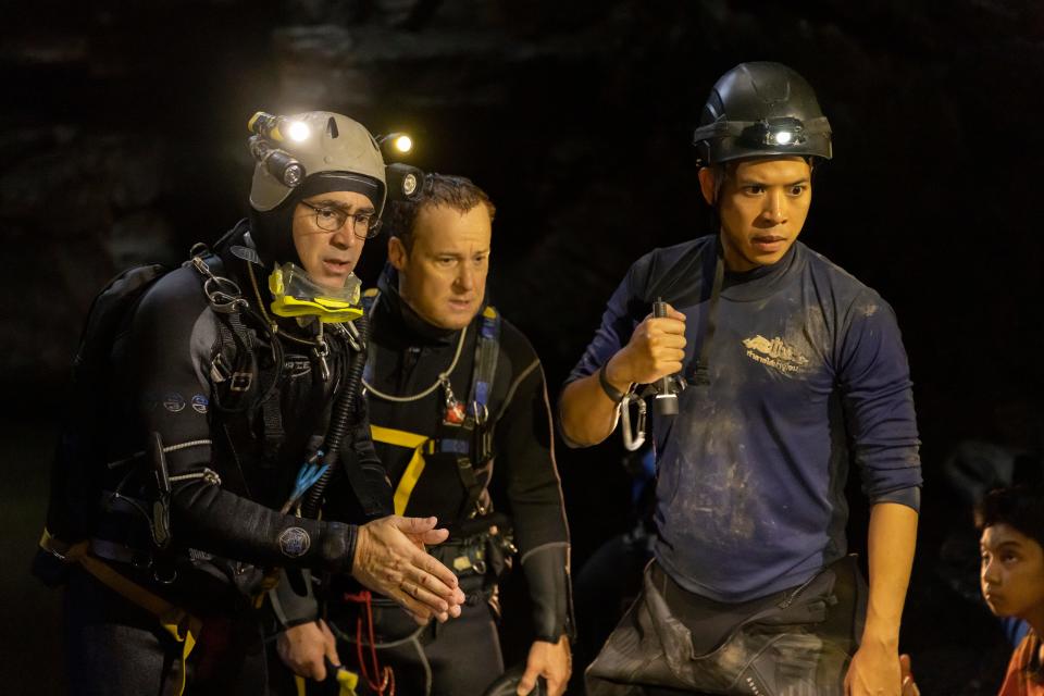 Left to right:  Colin Farrell as John Volanthen, Paul Gleeson as Jason Mallison and Thira 'Aum' Chutikul as Commander Kiet in "Thirteen Lives."