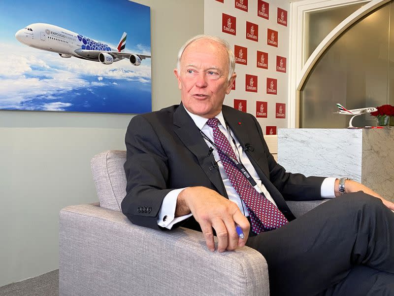 Emirates airline President Tim Clark talks to reporters at the Dubai Airshow, in Dubai