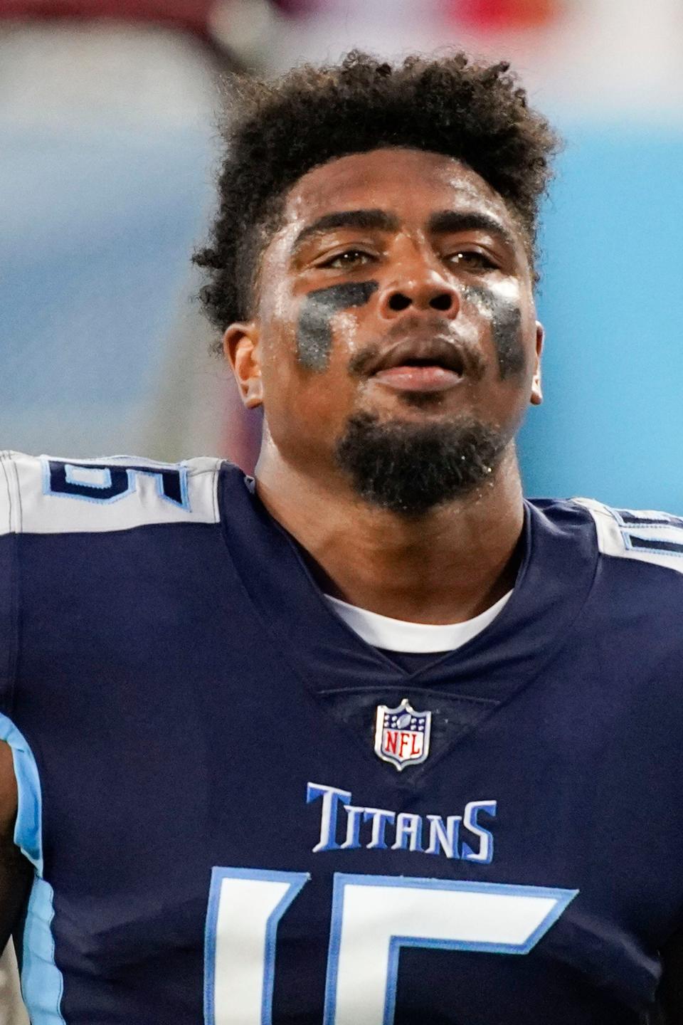 Tennessee Titans wide receiver Treylon Burks (16) at the end of  the second quarter of a preseason game against the Tampa Bay Buccaneers at Nissan Stadium Saturday, Aug. 20, 2022, in Nashville, Tenn. 