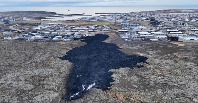 An aerial view taken on Monday shows a lava stream near Grindavík.