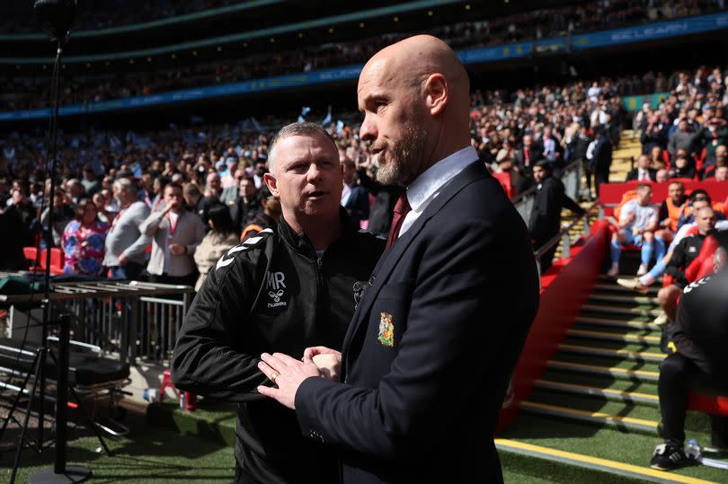 Mark Robins pictured shaking Erik ten Hag's hand before the FA Cup semi-final between Coventry City and Manchester United