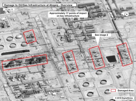A satellite image showing damage to oil/gas Saudi Aramco infrastructure at Abqaiq