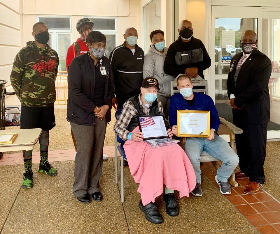 A group of veterans from Cheneyville rode their bicycles 30 miles to the Alexandria VA Medical Center to present flags to the two oldest veterans at the facility, One of them was Herman White, 95, an Army veterans who served World War II.