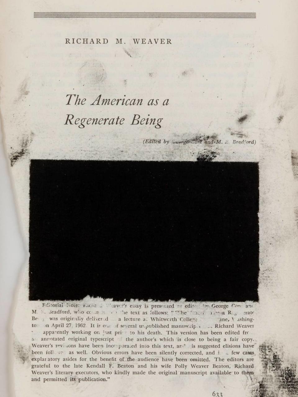 Bethany Collins’ ”Untitled (The American as a Regenerate Being) 1968,” 2022, charcoal on found paper. Courtesy Bethany Collins and PATRON Gallery, Chicago.