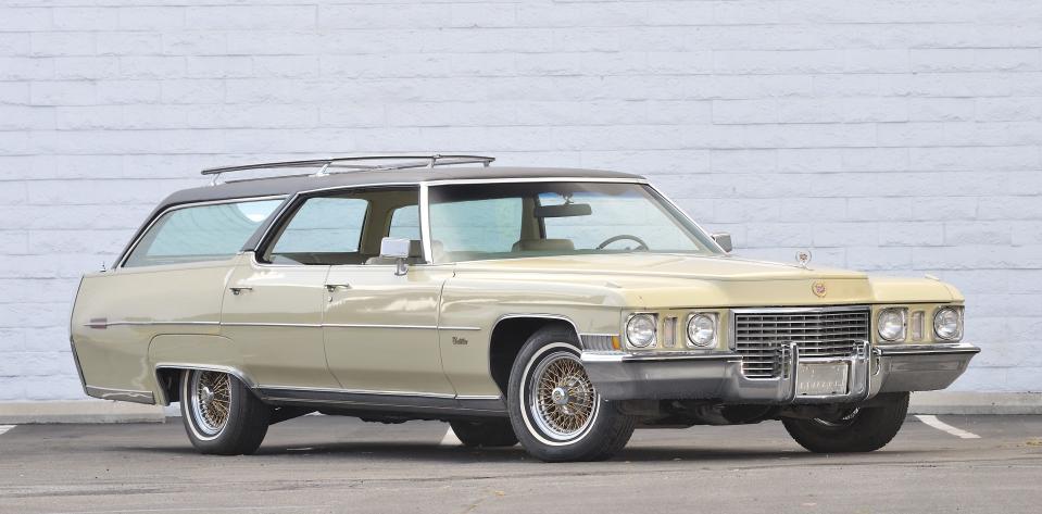 This photo provided by Courtesy of Mecum Auctions, Elvis Presley's 1972 Cadillac Custom Estate Wagon is shown. Elvis Presley's Cadillac, Steve McQueen's old truck and prescription sunglasses worn by John Lennon are among hundreds of items once owned by celebrities that are scheduled to be auctioned in California next month. The Mecum Auction Company said Wednesday, June 26, 2013, it will be displaying and auctioning about 2,000 pieces of celebrity-related memorabilia in Santa Monica, Calif. on July 26-27. Mecum, which specializes in the sale of collector cars, says one of the auction's highlights will be Elvis' 1972 Cadillac Custom Estate Wagon. "The King of Rock n' Roll" owned the car from 1972 until his death in 1977, according to Mecum's Web site. (AP Photo/Courtesy of Mecum Auctions, David Newhardt)