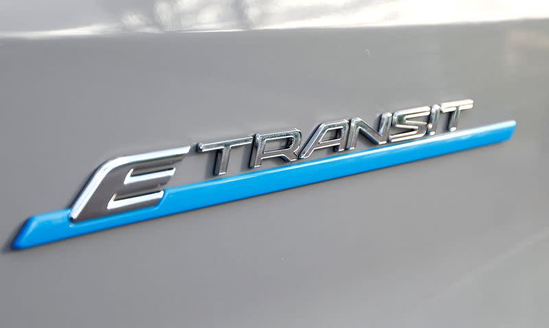 A logo is seen on a Ford E-Transit vehicle at Ford’s Dunton Technical Centre in Dunton