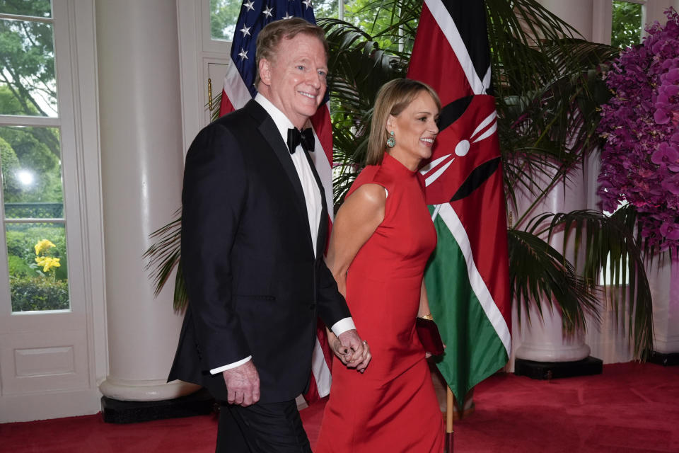 Roger and Jane Goodell arrive at the Booksellers area of the White House for the State Dinner hosted by President Joe Biden and first lady Jill Biden for Kenya's President William Ruto and Kenya's first lady Rachel Ruto, Thursday, May 23, 2024, in Washington. (AP Photo/Jacquelyn Martin)