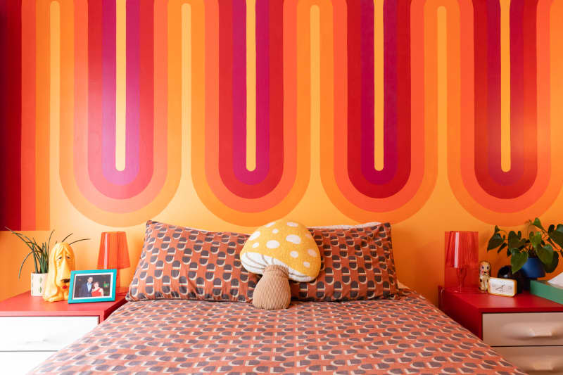 Zig-zag colorful decal on wall in bedroom.