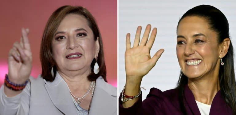 Ce combo créé le 17 avril 2024 montre la candidate de l'opposition Xochitl Galvez (G) lors de son meeting de lancement de campagne à Fresnillo (nord du Mexique) le 1er mars 2024 et la candidate du pouvoir de gauche Claudia Sheinbaum lors d'une réunion publique à Mexico le 15 avril 2024. (ULISES RUIZ)