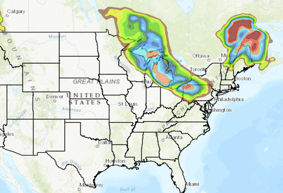 NWS Weather Prediction Center shows 24-hour probability of snow accumulating equal to or greater than 1 inch in the Great Lakes region for Nov. 28, 2021.