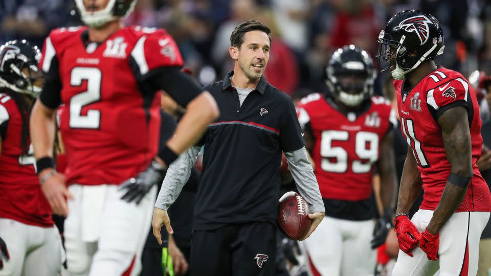 Shanahan, during his time as the Falcons' offensive coordinator, looks on prior to Super Bowl LI against the New England Patriots at NRG Stadium on February 5, 2017. - Ben Liebenberg via AP