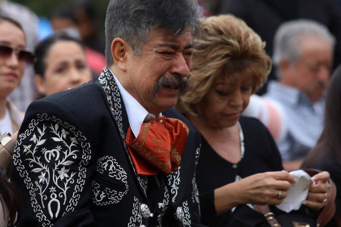 Chuy Chávez, leader of the longtime band Los Originales de San Juan, got emotional when he was honored as the ambassador of the seventh Fería de la Educación at Fresno State on Oct. 22, 2022. He is accompanied by his wife Myrna.