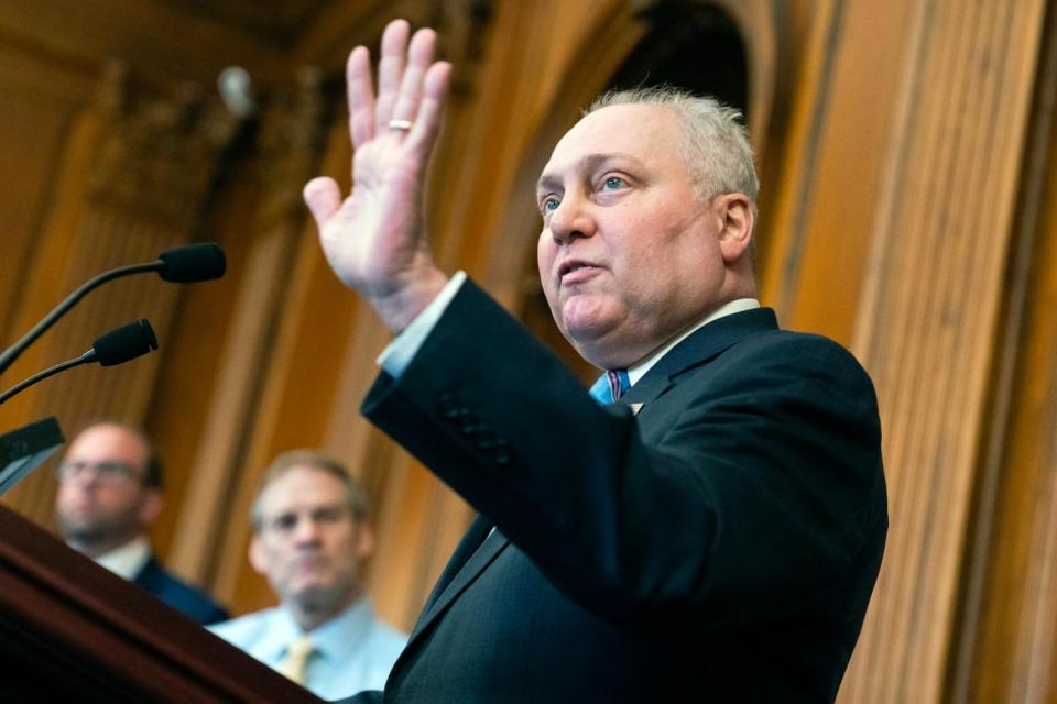 PHOTO: House Majority Leader Steve Scalise speaks during a news conference on the impeachment inquiry of President Joe Biden in the U.S. Capitol, November 29, 2023. (Tom Williams/CQ-Roll Call, Inc via Getty Images)