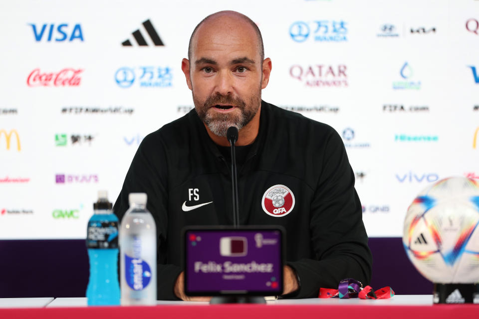 DOHA, QATAR - NOVEMBER 19: Felix Sanchez, Head Coach of Qatar, speaks to media  during the Qatar Press Conference at  on November 19, 2022 in Doha, Qatar. (Photo by Maja Hitij - FIFA/FIFA via Getty Images)