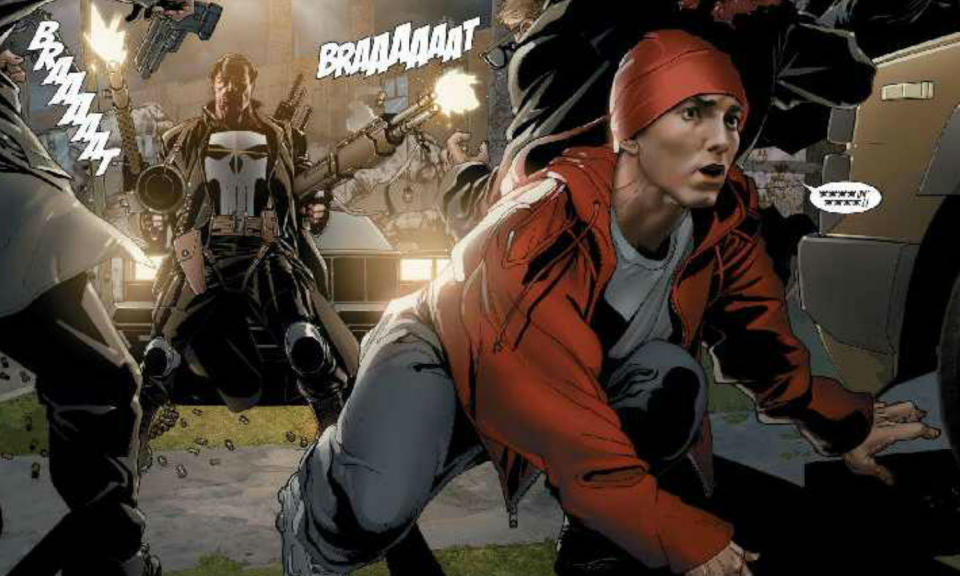 <p>Eminem has long been a fan of Marvel’s murderous vigilante and got to appear in a special edition comic in 2009. It sees him come up against the Punisher before realising there is a plot to kill Slim Shady so they join forces. </p>