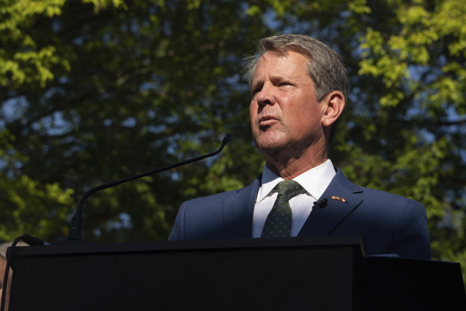 Georgia Gov. Brian Kemp speaks on Friday, July 29, 2022, in McDonough, Ga. (AP Photo/Megan Varner )