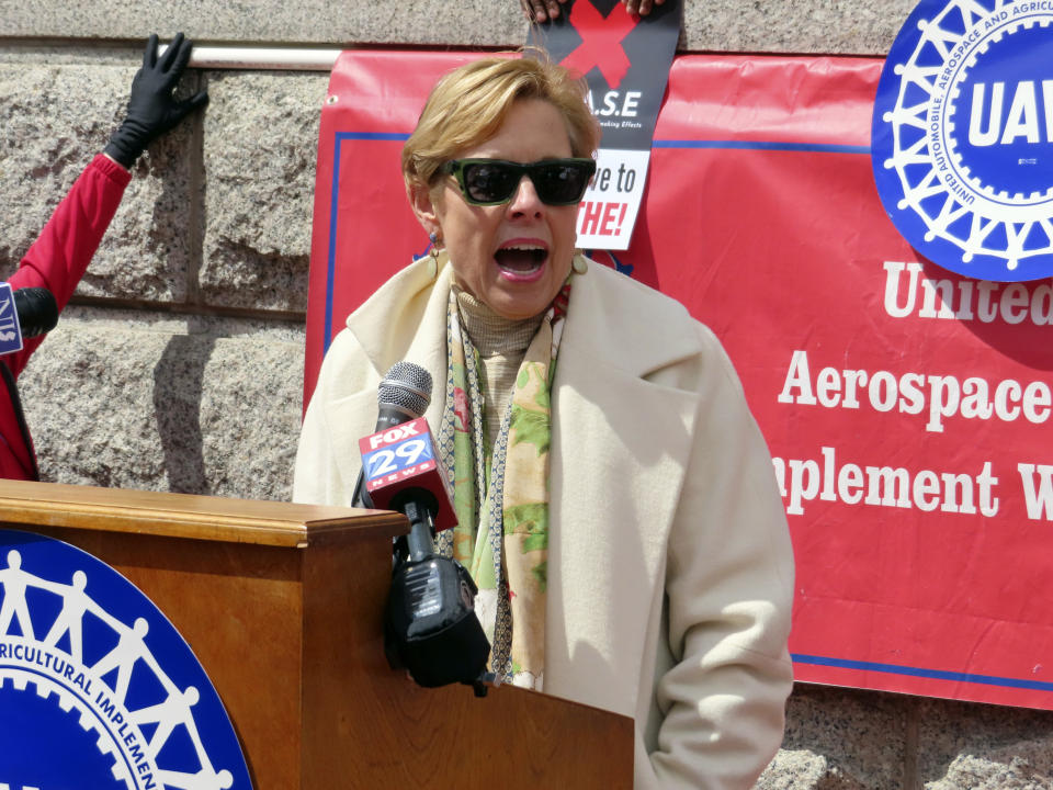 Nancy Erika Smith, the lawyer for Atlantic City casino workers seeking to end smoking in the gambling halls speaks outside a courthouse in Trenton, N.J., on April 5, 2024, after filing a lawsuit seeking to force a smoking ban. On Monday, April 29, 2024, Atlantic City's main casino workers union asked a judge to let it intervene in that lawsuit. (AP Photo/Wayne Parry)