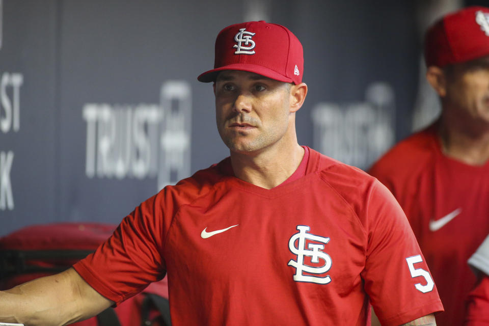 ATLANTA, GA - JULY 05: Skip Schumaker #55 of the St. Louis Cardinals in the dugout before a game against the Atlanta Braves at Truist Park on July 5, 2022 in Atlanta, Georgia. (Photo by Brett Davis/Getty Images)