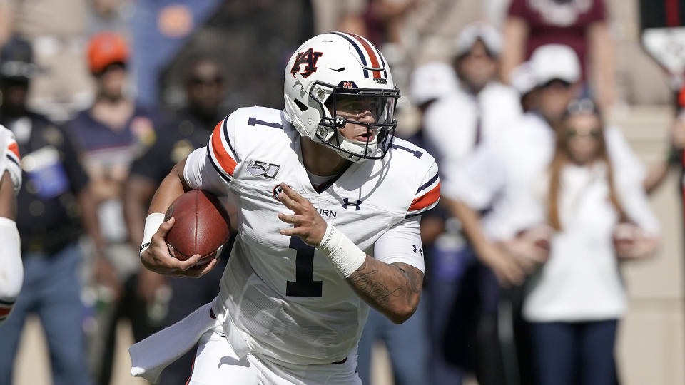 Auburn quarterback Joey Gatewood (1) rushes out of the pocket against Texas A&M during the first half of an NCAA college football game, Saturday, Sept. 21, 2019, in College Station, Texas. (AP Photo/Sam Craft)