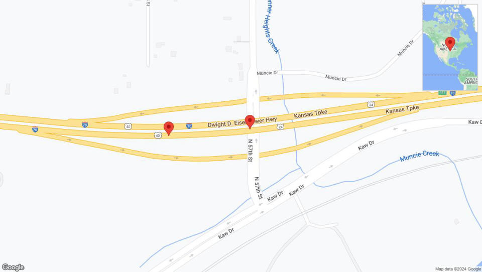 A detailed map that shows the affected road due to 'Broken down vehicle on eastbound I-70 in Kansas City' on July 25th at 6:20 p.m.