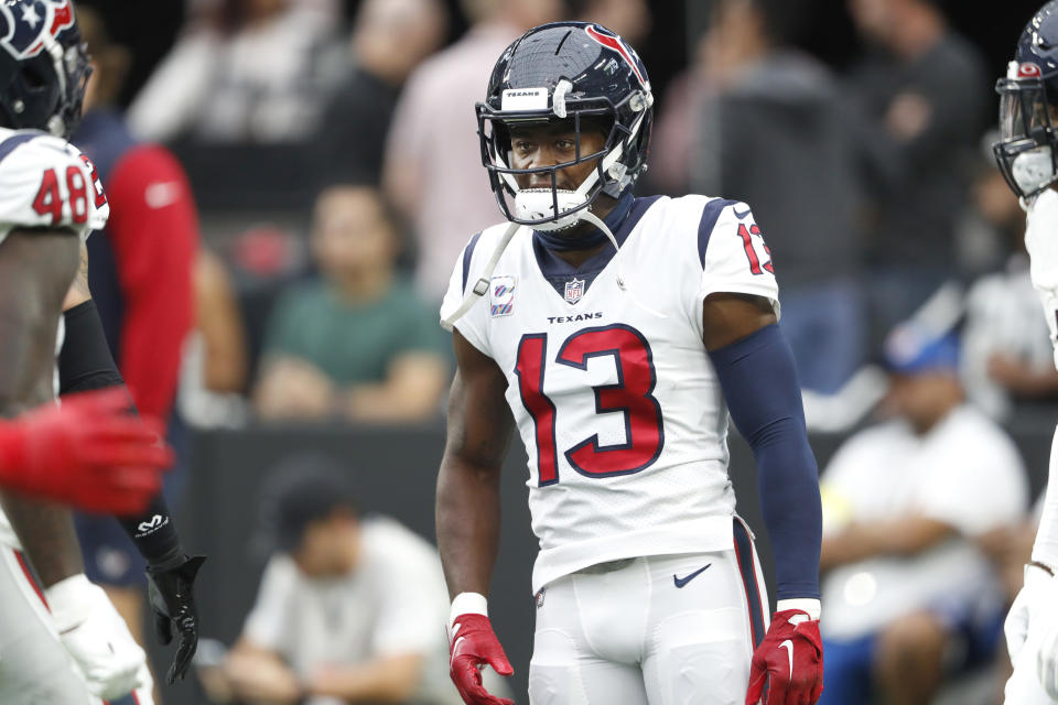 LAS VEGAS, NEVADA - OCTOBER 23:  Wide receiver Brandin Cooks #13 of the Houston Texans warms up before a game against the Las Vegas Raiders at Allegiant Stadium on October 23, 2022 in Las Vegas, Nevada. (Photo by Steve Marcus/Getty Images)