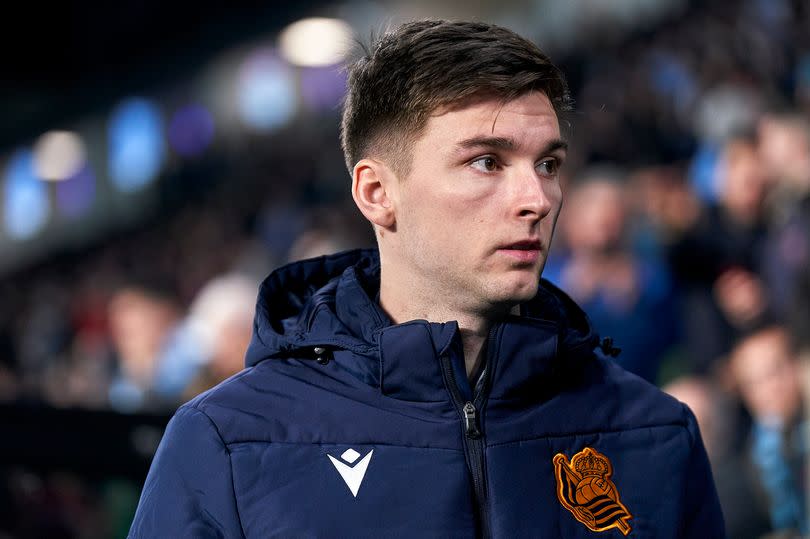 Kieran Tierney of Real Sociedad looks on