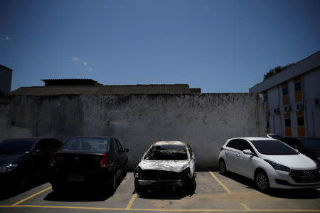 A burned car in which a body was found during searches for the Greek Ambassador for Brazil Kyriakos Amiridis, is pictured at a police station in Belford Roxo, Brazil December 30, 2016. REUTERS/Ricardo Moraes