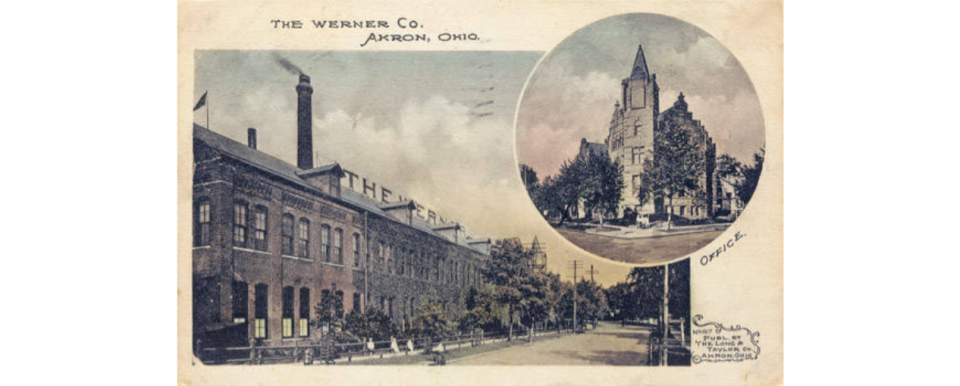 A postcard shows the Werner Co. at Perkins and North Union streets in Akron. The office building is in the circle.