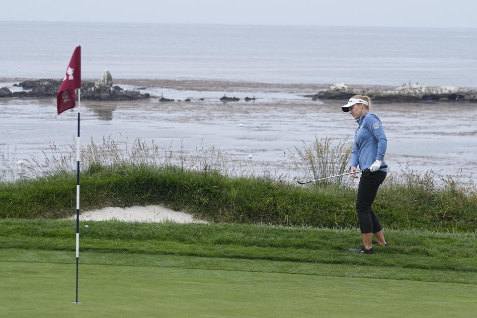 Brooke Henderson, of Canada, hits to the fourth green during a practice round for the U.S. Women's Open golf tournament at the Pebble Beach Golf Links, Tuesday, July 4, 2023, in Pebble Beach, Calif. (AP Photo/Darron Cummings)